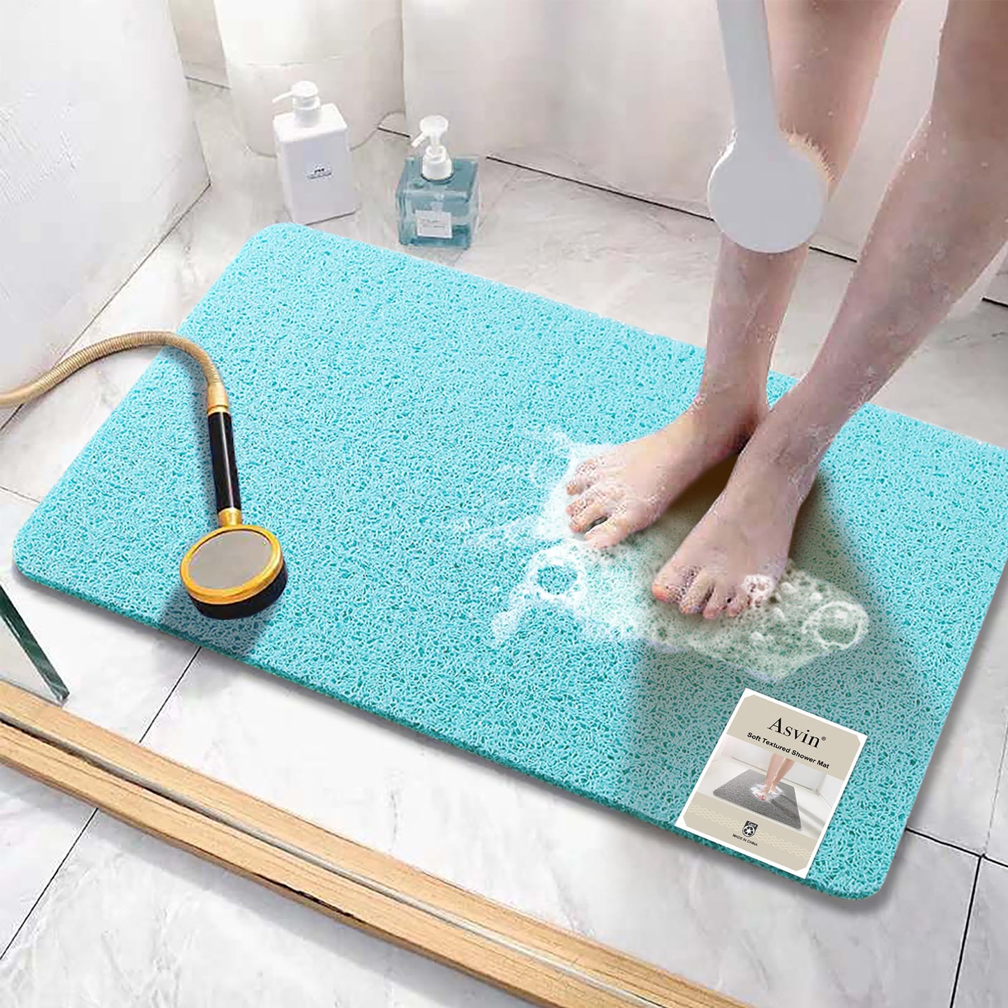 Asvin Soft Textured Bath, Shower, Tub Mat, 24x16 Inch Rectangular, Phthalate Free, Non Slip Comfort Bathtub Mats with Drain, PVC Loofah Bathroom Mat for Wet Areas, Quick Drying, Grey