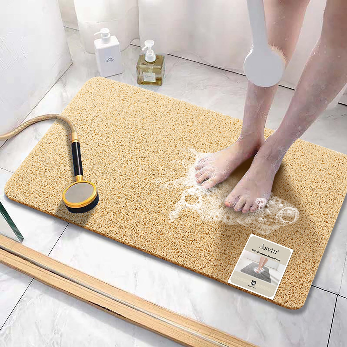 Asvin Soft Textured Bath, Shower, Tub Mat, 24x16 Inch Rectangular, Phthalate Free, Non Slip Comfort Bathtub Mats with Drain, PVC Loofah Bathroom Mat for Wet Areas, Quick Drying, Grey