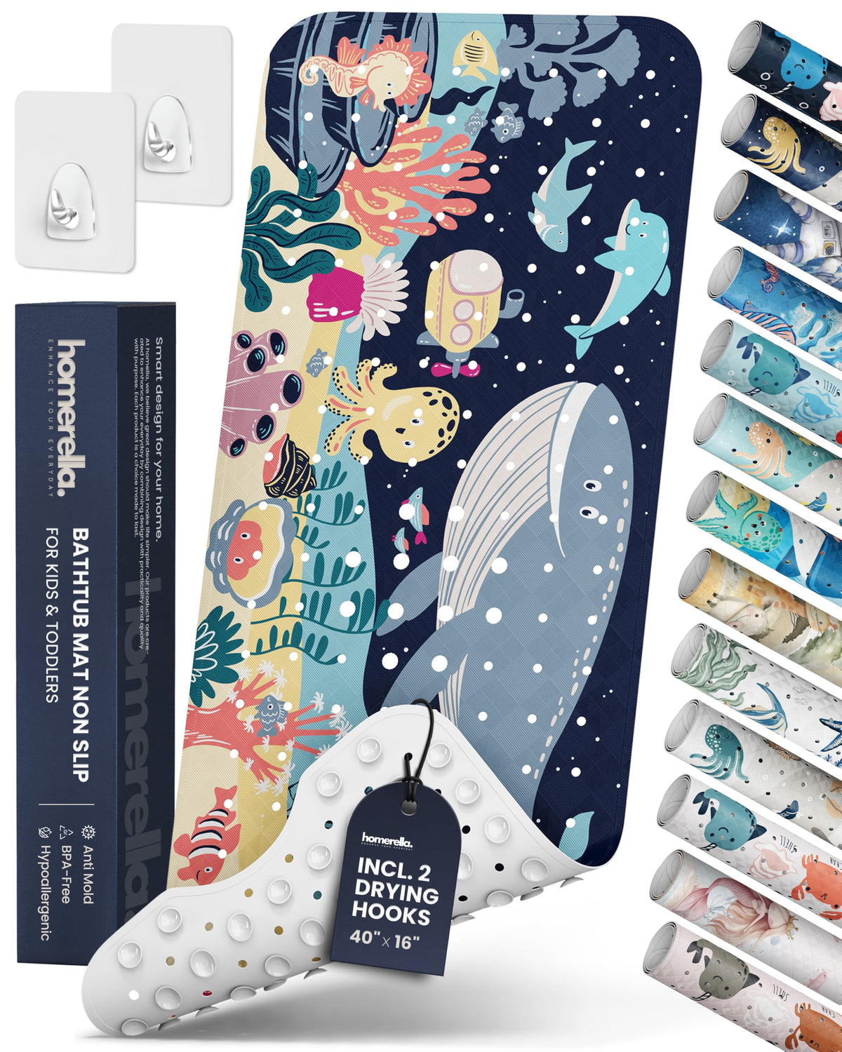 homerella Bathtub Mat Non Slip Kids 40x16 Baby Bath Mat Non Slip Anti Mold | 100% BPA Free, Non Toxic, Mildew Resistant, Machine Washable, Extra Long Kids Bath Mat for Tub Non Slip, Toddler Bath Mat