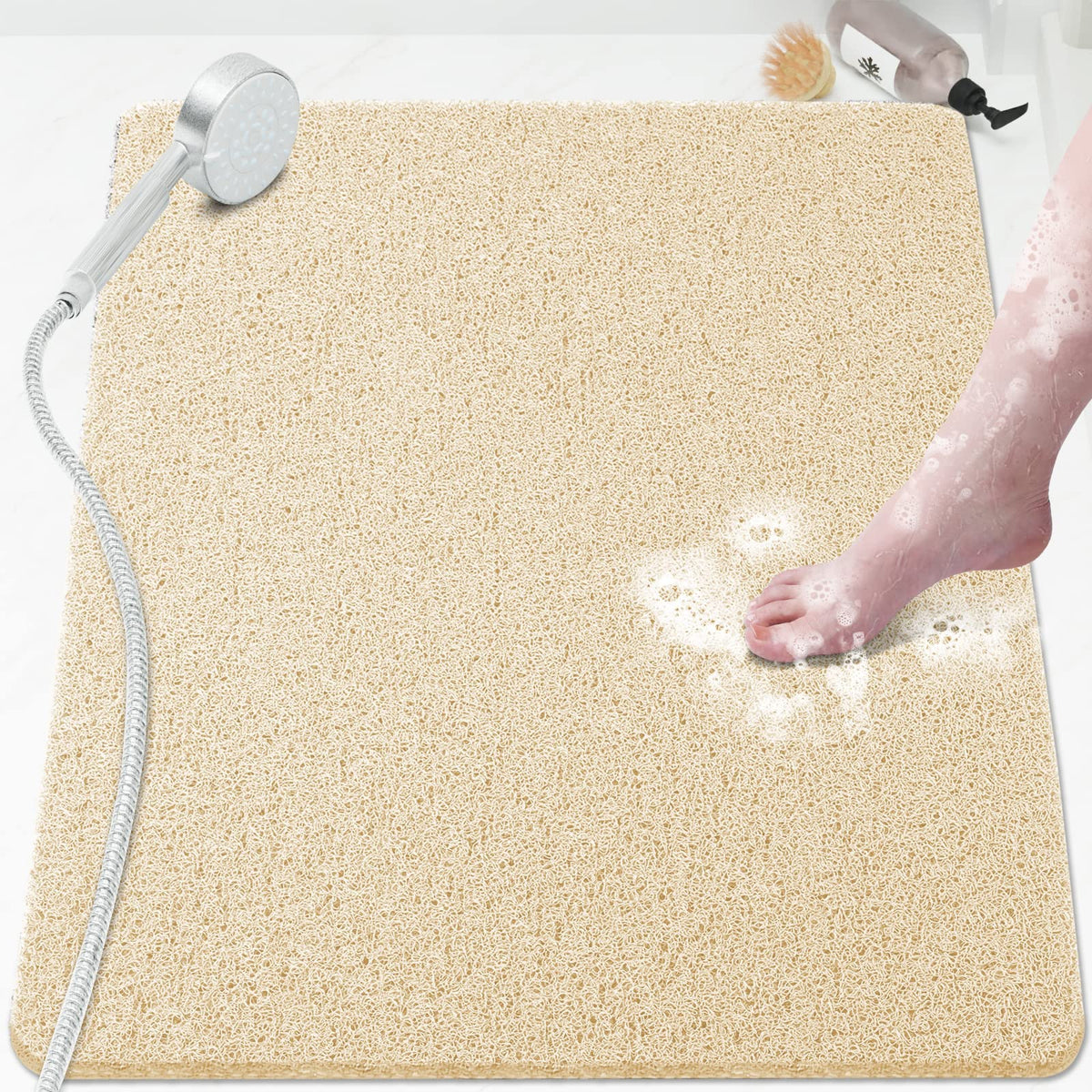 SoftDuo Shower Mat Bathtub Mat Non-Slip Soft Tub Mat | 24x16 inch,PVC Loofah Bath Mat with Drain for Tub and Bathroom,Quick Drying,Grey