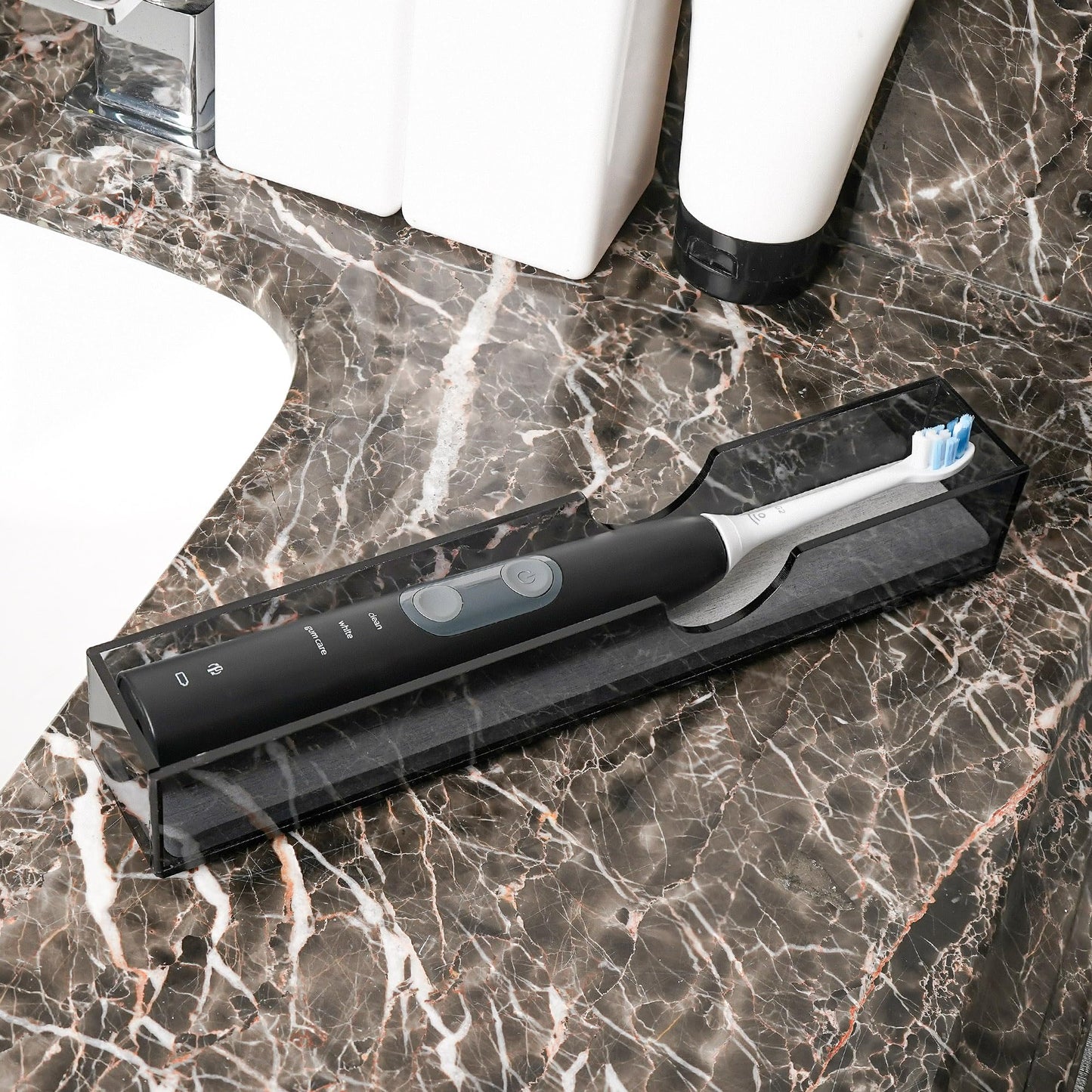 2Pack Acrylic Electric Toothbrush Holder with Diatomite Drying Stone, Bathroom Drawer Organizer with Drainage Hole for Tooth Brush, Compatible with Philips, Oral-B