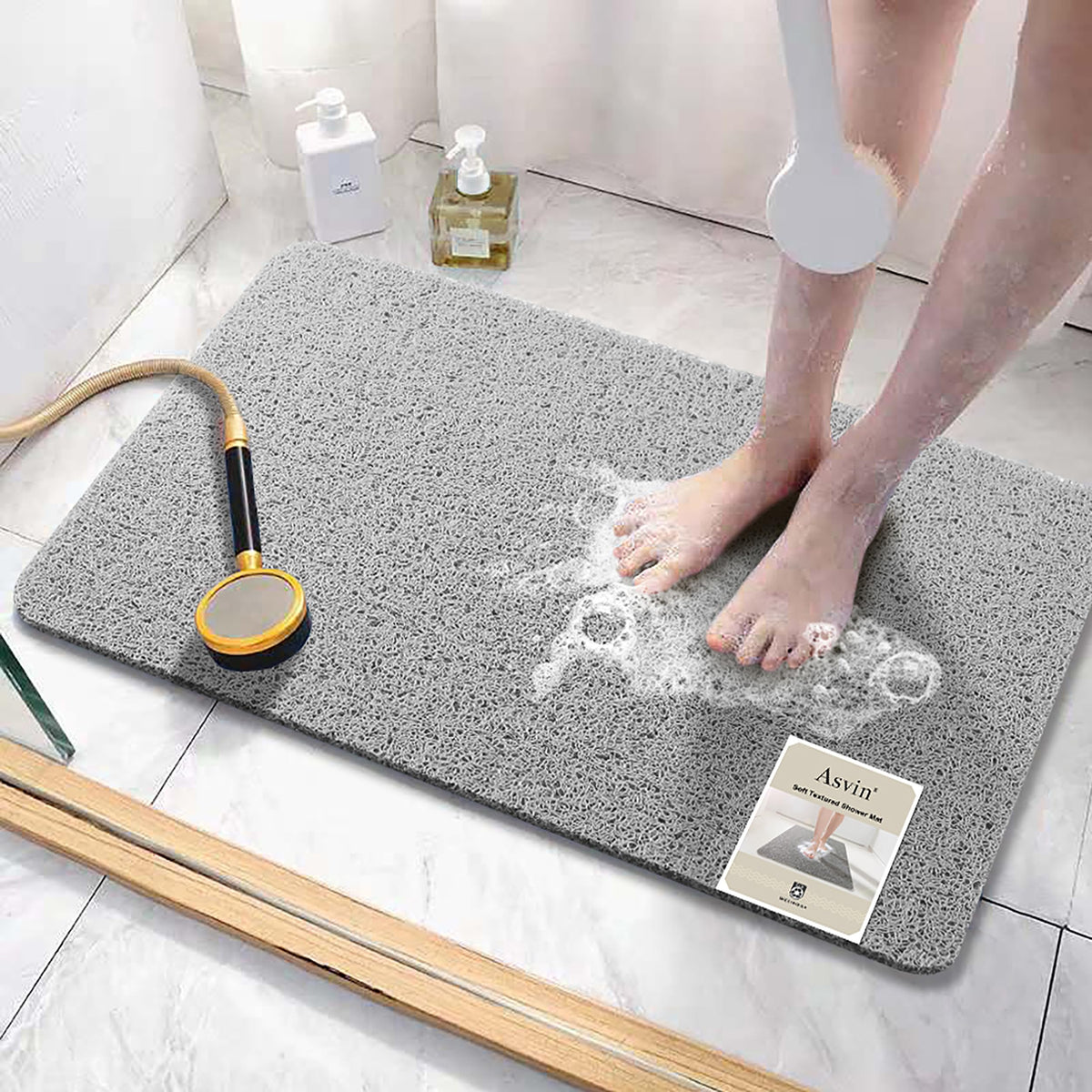 Asvin Soft Textured Bath, Shower, Tub Mat, 24x16 Inch Rectangular, Phthalate Free, Non Slip Comfort Bathtub Mats with Drain, PVC Loofah Bathroom Mat for Wet Areas, Quick Drying, Grey