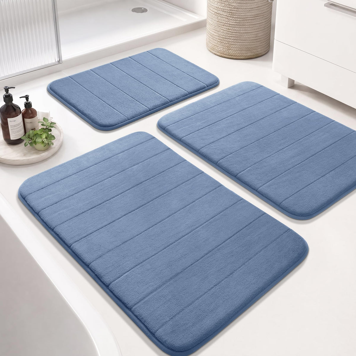 Yimobra Memory Foam Bath Mat Set 3 Pieces- Super Soft Absorbent Quick Dry Bathroom Rug Sets, Machine Washable Non Slip Floor Carpet for Tub Shower, Vanity & Toilet Base, Gray