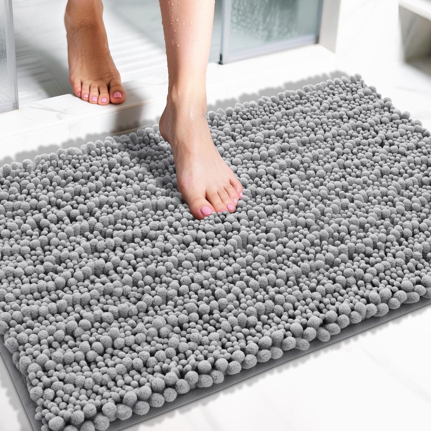 Yimobra Bathroom Rugs Non-Slip Washable – Extra Soft & Absorbent Chenille Bath Mat, Quick-Dry Plush Shaggy Floor & Vanity Bath Rugs for Tub & Shower, Modern Home Decor Accessories, 24 x 17, Grey