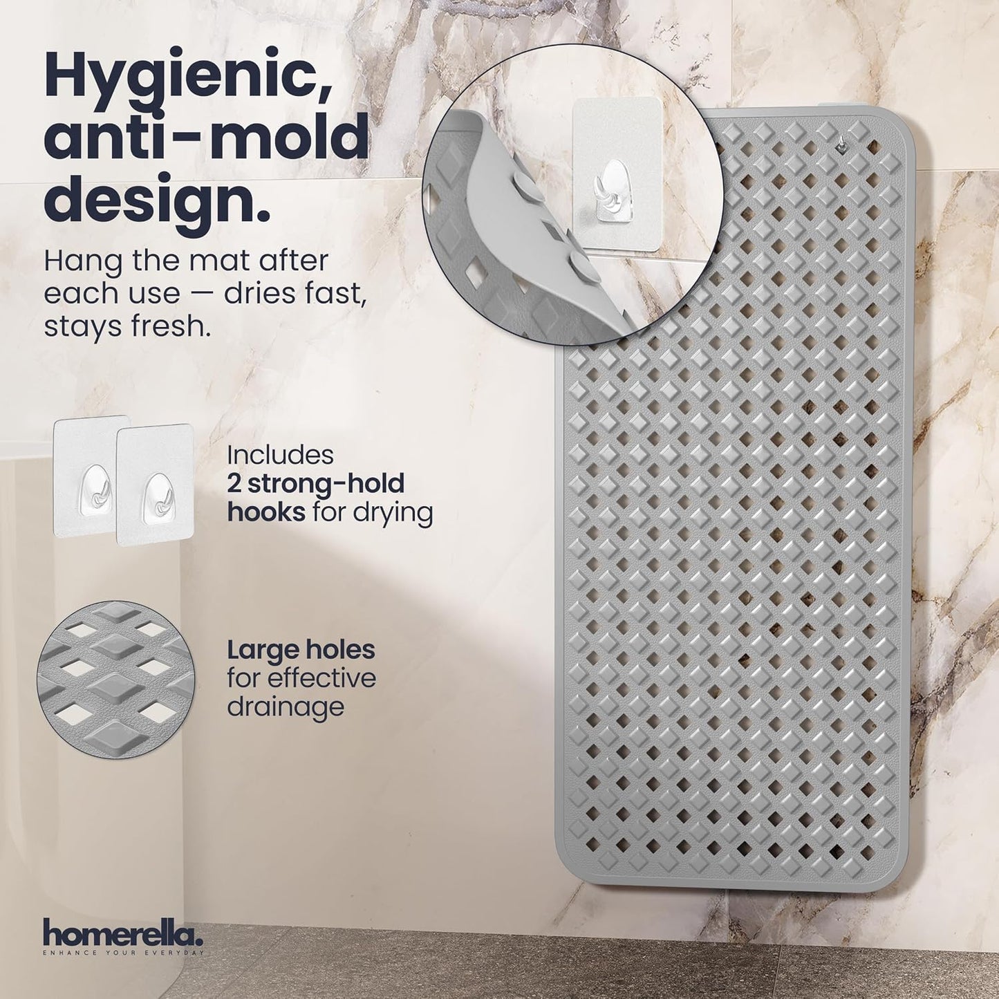 homerella Bathtub Mat Non Slip 35x16 Shower Mat Non Slip Anti Mold BPA Free | Mildew Resistant, Machine Washable, Extra Long Tub Mat, Shower Mats for Inside Shower, Bath Mat for Tub Non Slip EU Certified