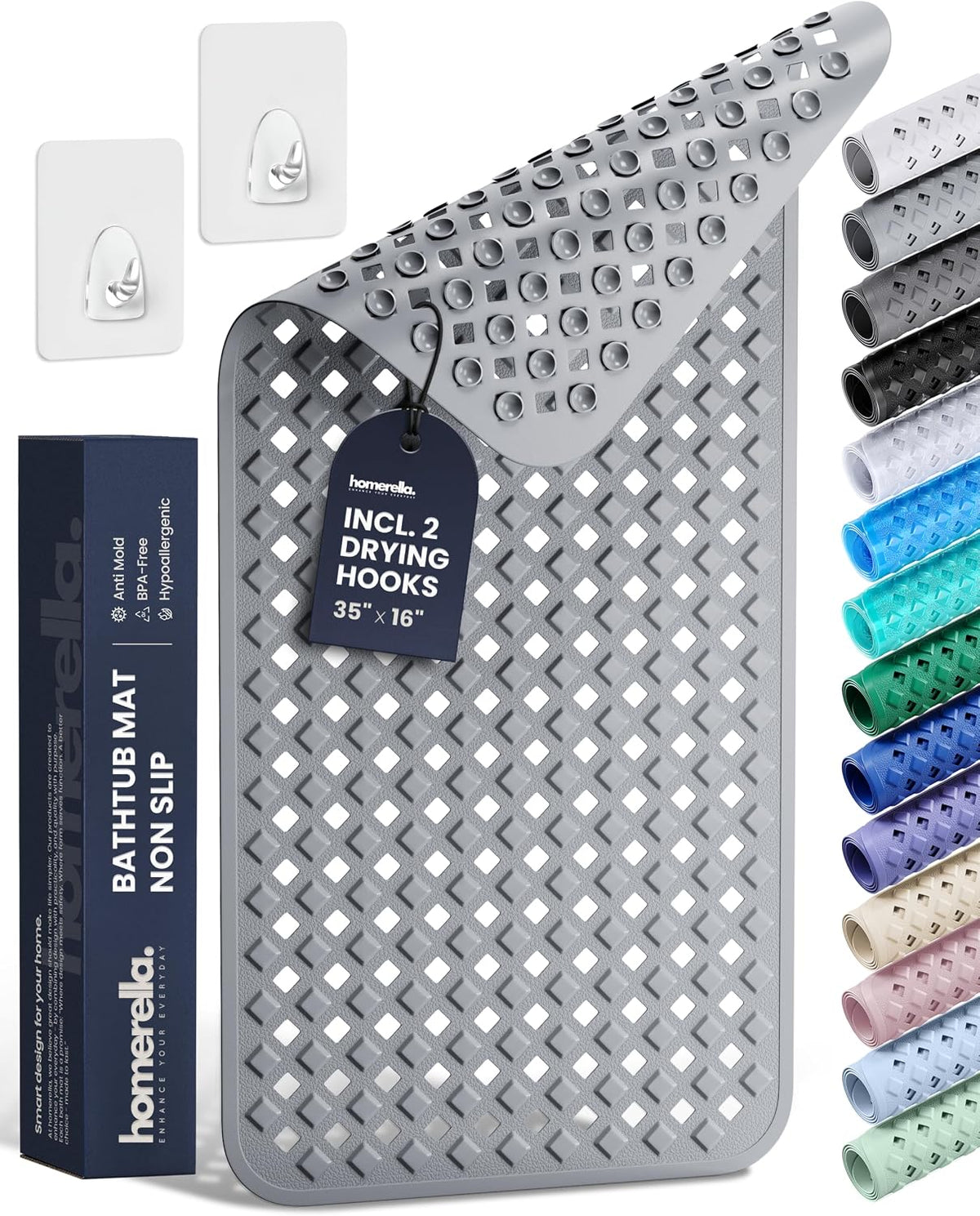 homerella Bathtub Mat Non Slip 35x16 Shower Mat Non Slip Anti Mold BPA Free | Mildew Resistant, Machine Washable, Extra Long Tub Mat, Shower Mats for Inside Shower, Bath Mat for Tub Non Slip EU Certified