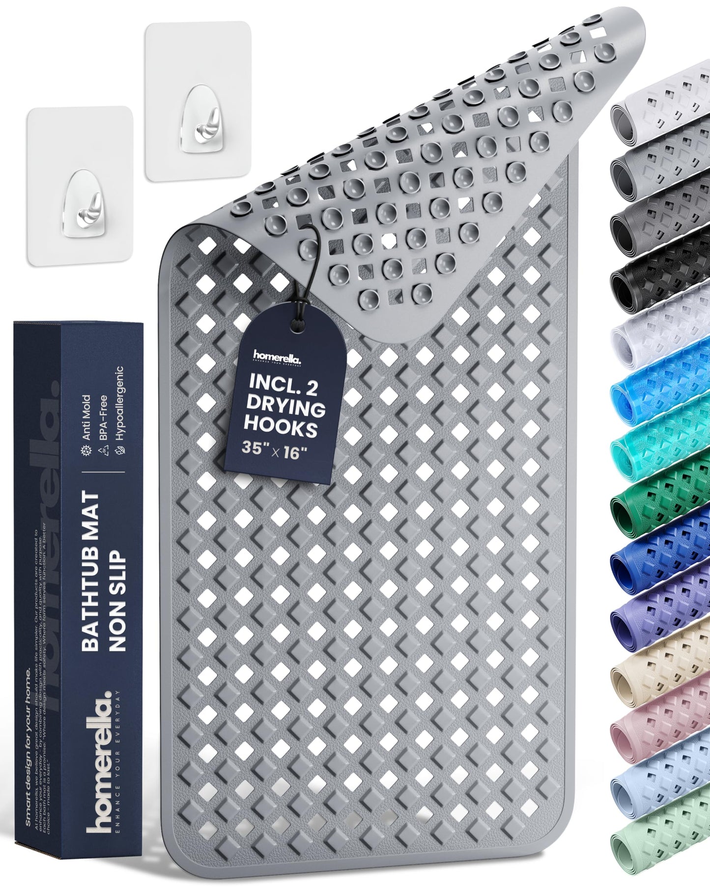 homerella Bathtub Mat Non Slip 35x16 Shower Mat Non Slip Anti Mold BPA Free | Mildew Resistant, Machine Washable, Extra Long Tub Mat, Shower Mats for Inside Shower, Bath Mat for Tub Non Slip EU Certified