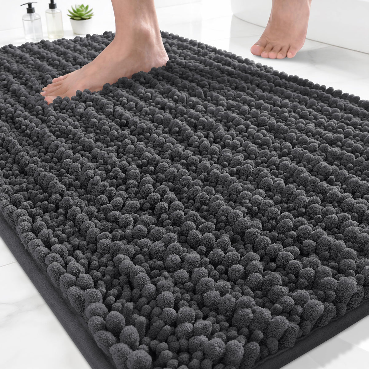 Yimobra Bathroom Rugs Non-Slip Washable – Extra Soft & Absorbent Chenille Bath Mat, Quick-Dry Plush Shaggy Floor & Vanity Bath Rugs for Tub & Shower, Modern Home Decor Accessories, 24 x 17, Grey