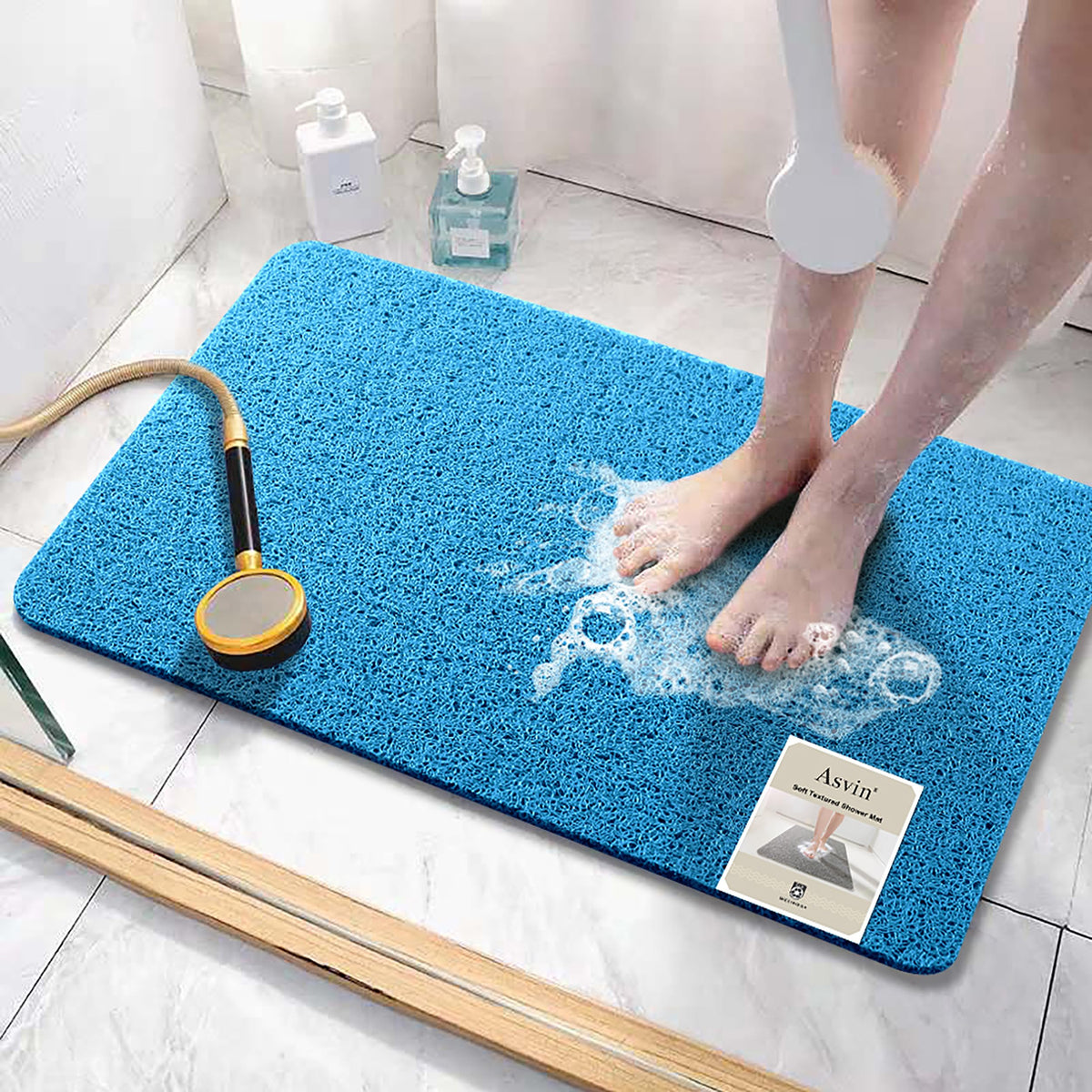 Asvin Soft Textured Bath, Shower, Tub Mat, 24x16 Inch Rectangular, Phthalate Free, Non Slip Comfort Bathtub Mats with Drain, PVC Loofah Bathroom Mat for Wet Areas, Quick Drying, Grey