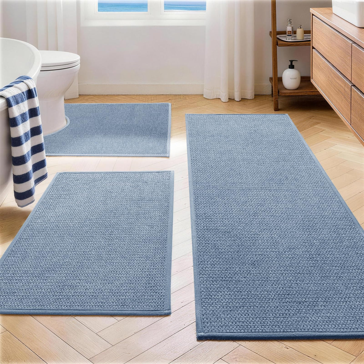 YIHOUSE Gray Bathroom Rugs Sets 3 Piece, Quick Dry Thin Bath Mat with Toilet Rug, Non Slip Absorbent Machine Washable, Bath Runner Rugs for Bathtub Sink Home Decor