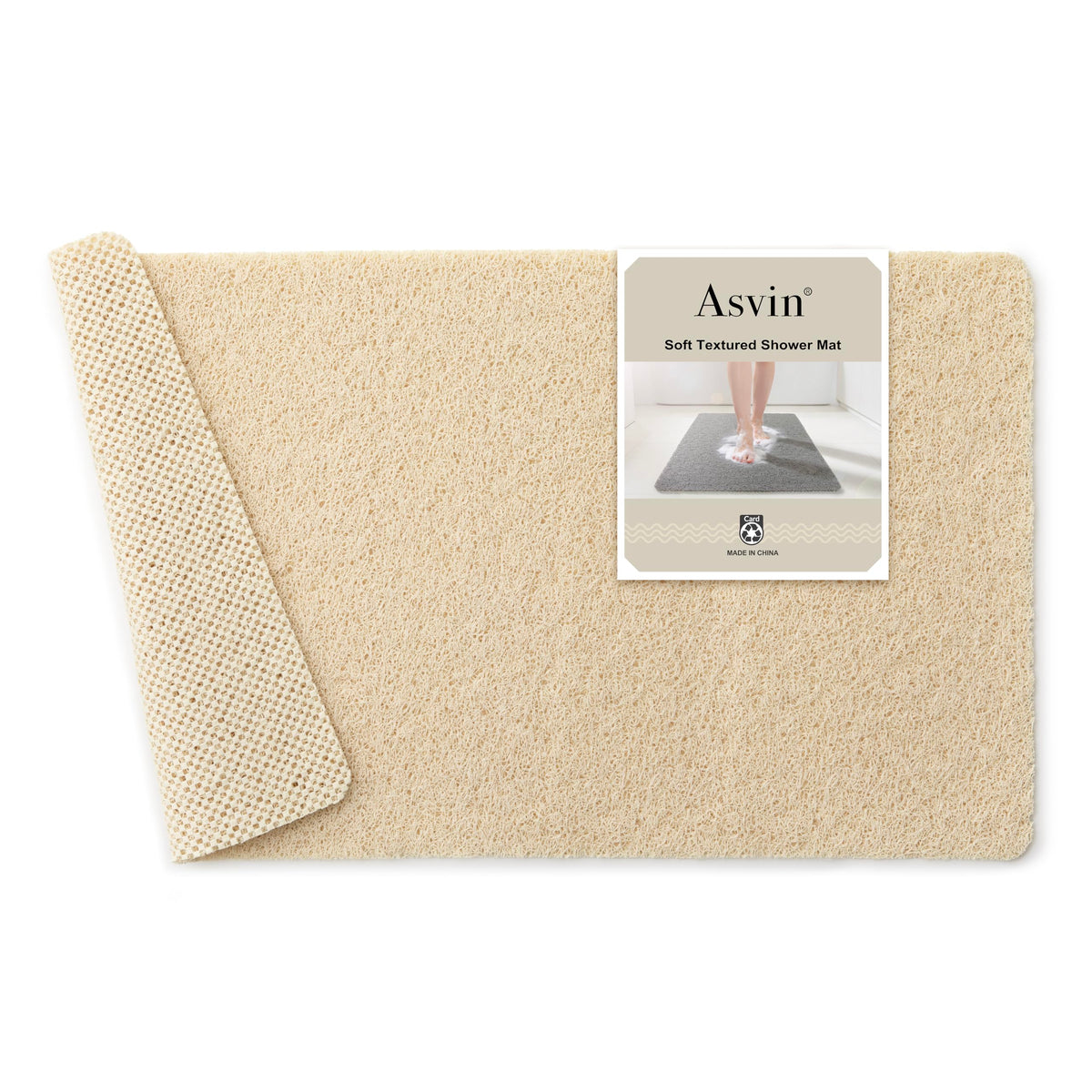 Asvin Soft Textured Bath, Shower, Tub Mat, 24x16 Inch Rectangular, Phthalate Free, Non Slip Comfort Bathtub Mats with Drain, PVC Loofah Bathroom Mat for Wet Areas, Quick Drying, Grey