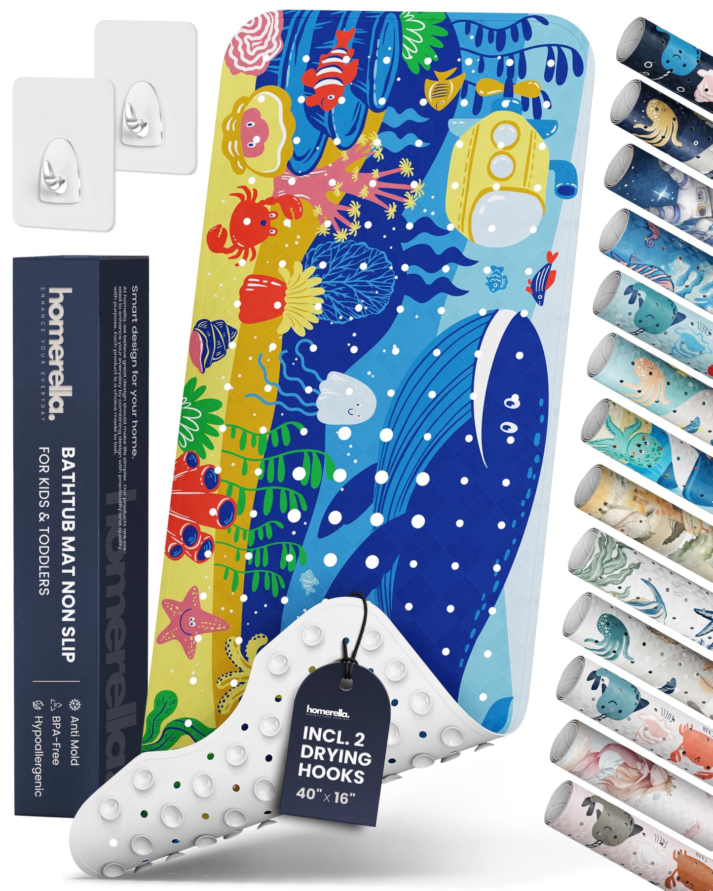 homerella Bathtub Mat Non Slip Kids 40x16 Baby Bath Mat Non Slip Anti Mold | 100% BPA Free, Non Toxic, Mildew Resistant, Machine Washable, Extra Long Kids Bath Mat for Tub Non Slip, Toddler Bath Mat