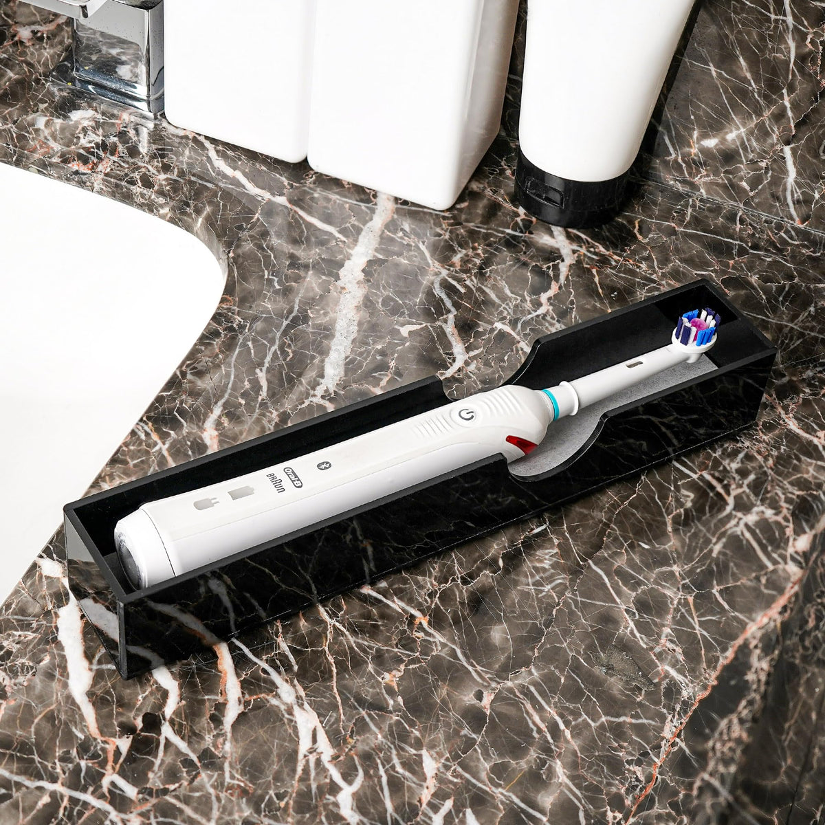 2Pack Acrylic Electric Toothbrush Holder with Diatomite Drying Stone, Bathroom Drawer Organizer with Drainage Hole for Tooth Brush, Compatible with Philips, Oral-B