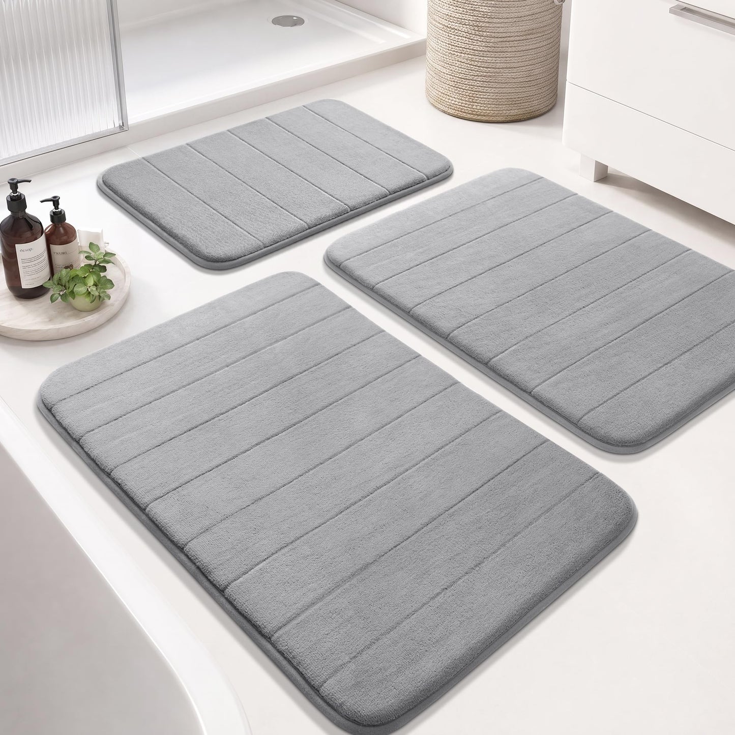 Yimobra Memory Foam Bath Mat Set 3 Pieces- Super Soft Absorbent Quick Dry Bathroom Rug Sets, Machine Washable Non Slip Floor Carpet for Tub Shower, Vanity & Toilet Base, Gray
