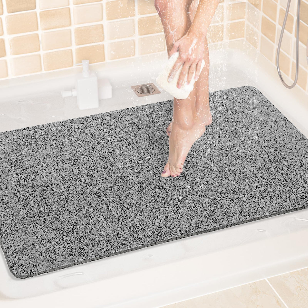 LuxStep Shower Mat Bathtub Mat,24x16 inch, Non-Slip Bath Mat with Drain, Quick Drying PVC Loofah Bathmat for Tub,Shower,Bathroom (Phthalate Free,Grey) | 24x16 inch PVC Loofah Bathmat for Tub,Shower,Bathroom (Phthalate Free,Grey)