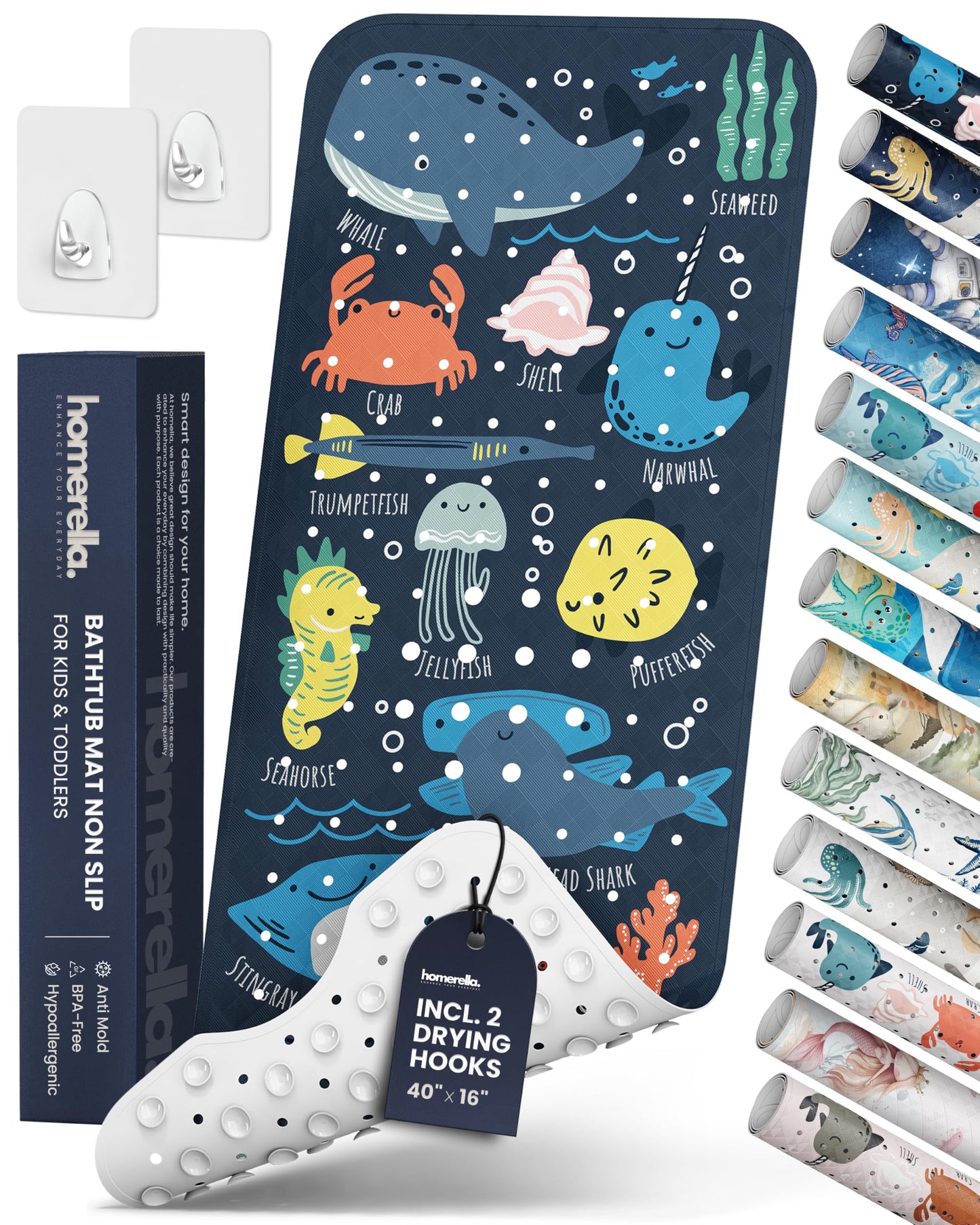 homerella Bathtub Mat Non Slip Kids 40x16 Baby Bath Mat Non Slip Anti Mold | 100% BPA Free, Non Toxic, Mildew Resistant, Machine Washable, Extra Long Kids Bath Mat for Tub Non Slip, Toddler Bath Mat