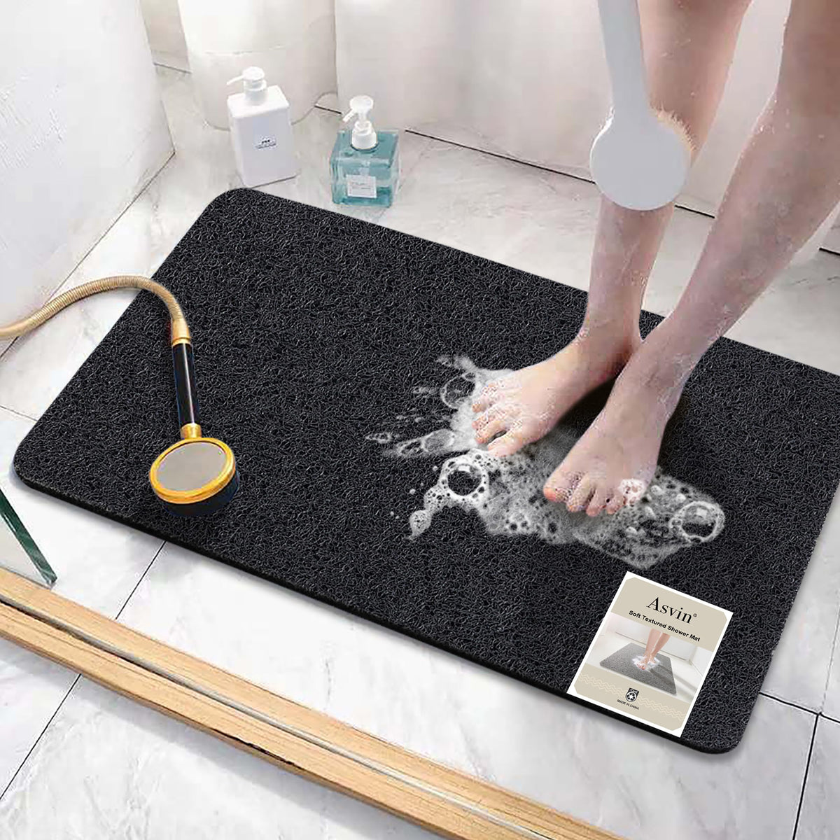 Asvin Soft Textured Bath, Shower, Tub Mat, 24x16 Inch Rectangular, Phthalate Free, Non Slip Comfort Bathtub Mats with Drain, PVC Loofah Bathroom Mat for Wet Areas, Quick Drying, Grey