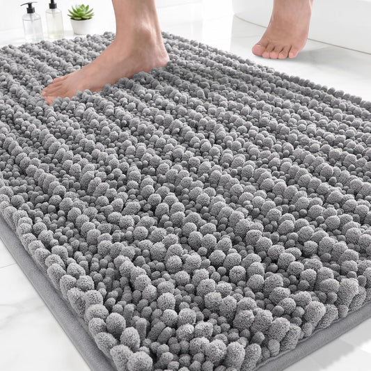Yimobra Bathroom Rugs Non-Slip Washable – Extra Soft & Absorbent Chenille Bath Mat, Quick-Dry Plush Shaggy Floor & Vanity Bath Rugs for Tub & Shower, Modern Home Decor Accessories, 24 x 17, Grey