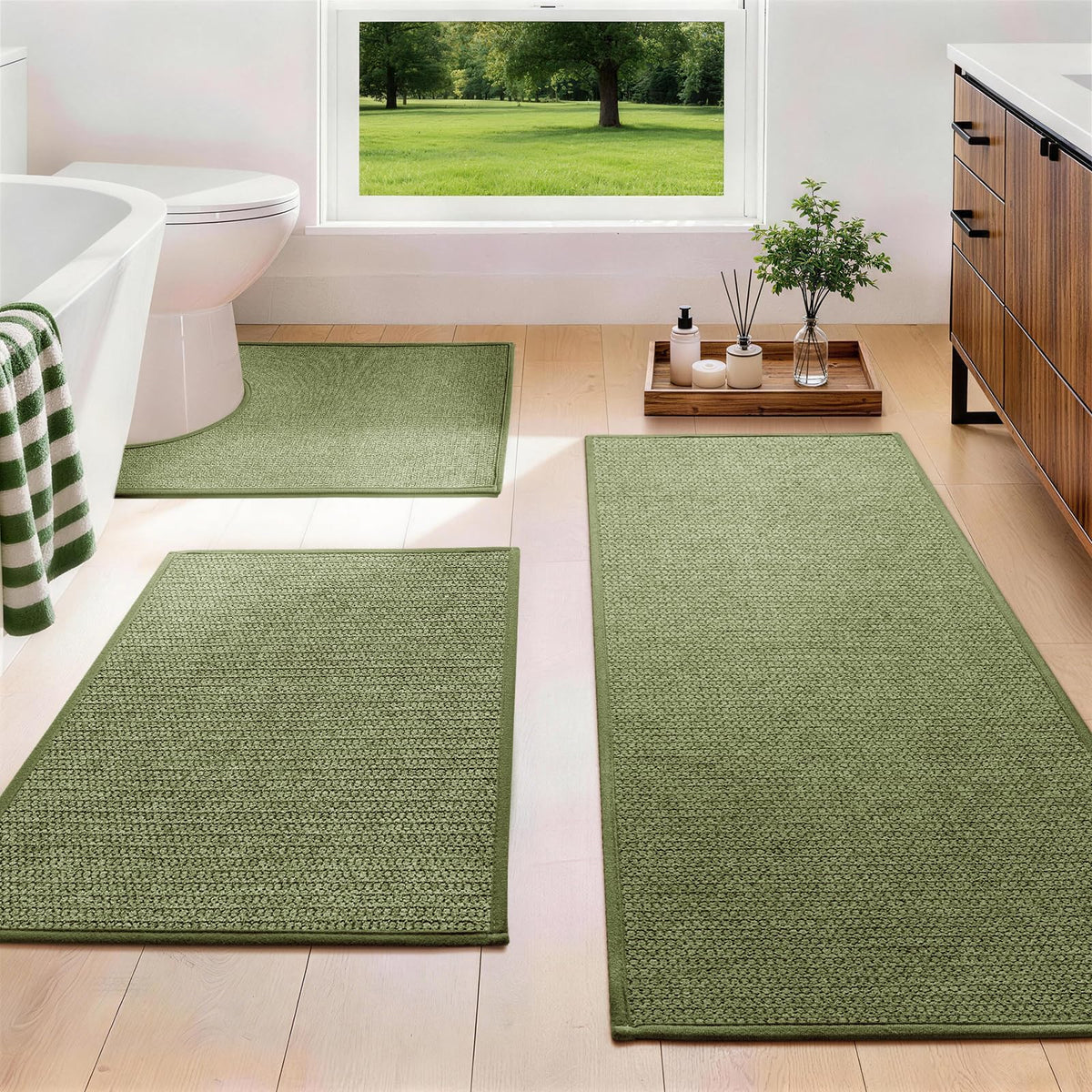 YIHOUSE Gray Bathroom Rugs Sets 3 Piece, Quick Dry Thin Bath Mat with Toilet Rug, Non Slip Absorbent Machine Washable, Bath Runner Rugs for Bathtub Sink Home Decor
