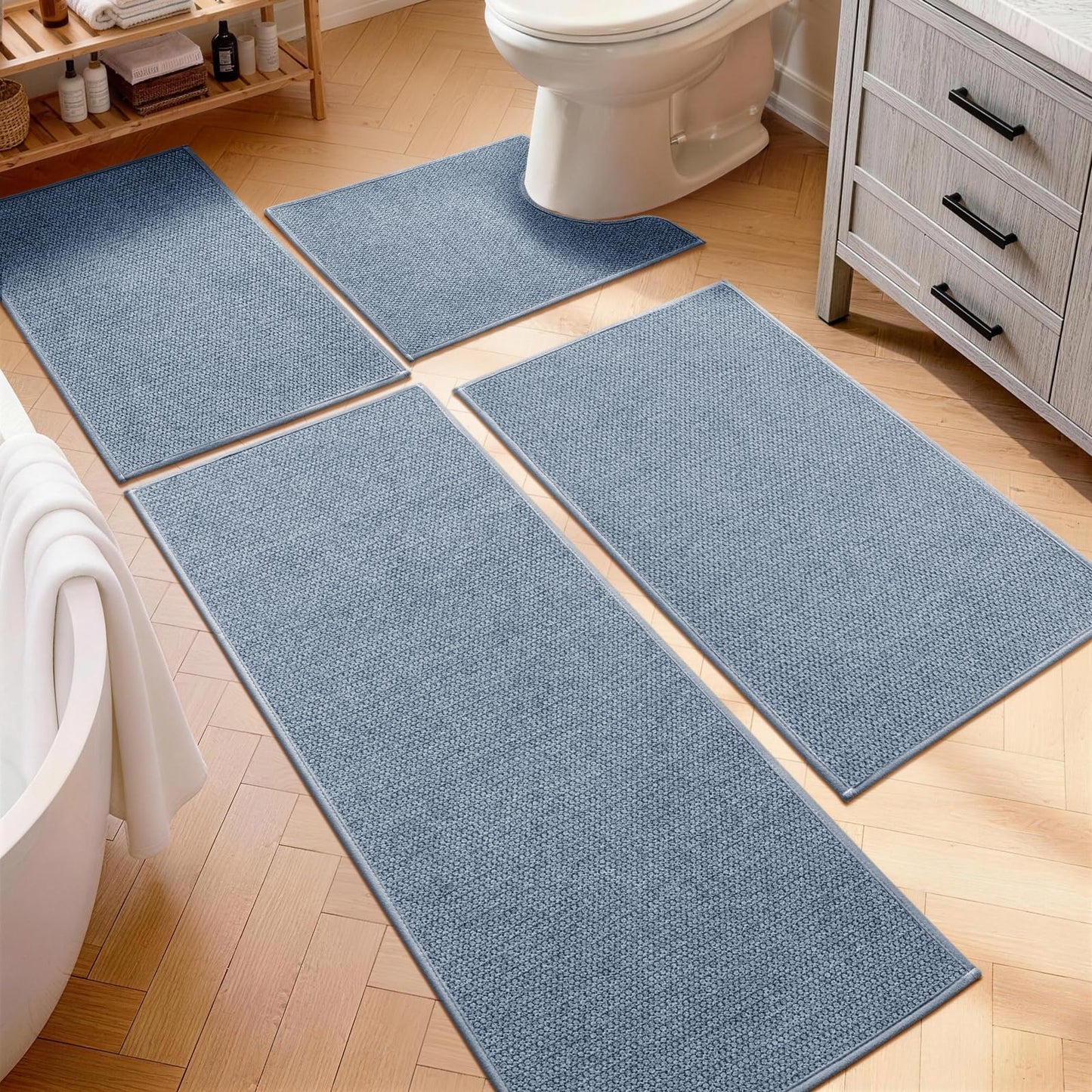 YIHOUSE Gray Bathroom Rugs Sets 3 Piece, Quick Dry Thin Bath Mat with Toilet Rug, Non Slip Absorbent Machine Washable, Bath Runner Rugs for Bathtub Sink Home Decor