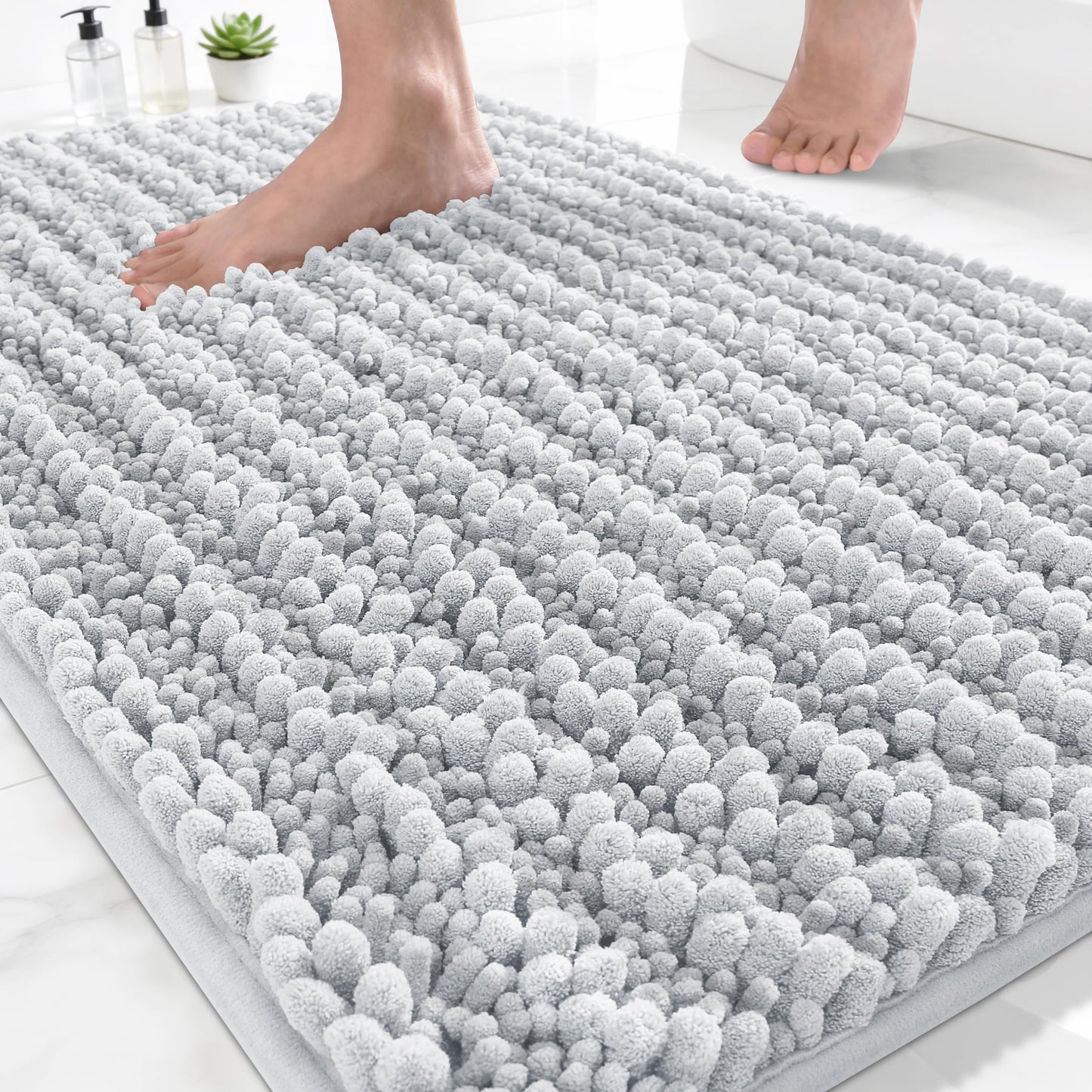 Yimobra Bathroom Rugs Non-Slip Washable – Extra Soft & Absorbent Chenille Bath Mat, Quick-Dry Plush Shaggy Floor & Vanity Bath Rugs for Tub & Shower, Modern Home Decor Accessories, 24 x 17, Grey
