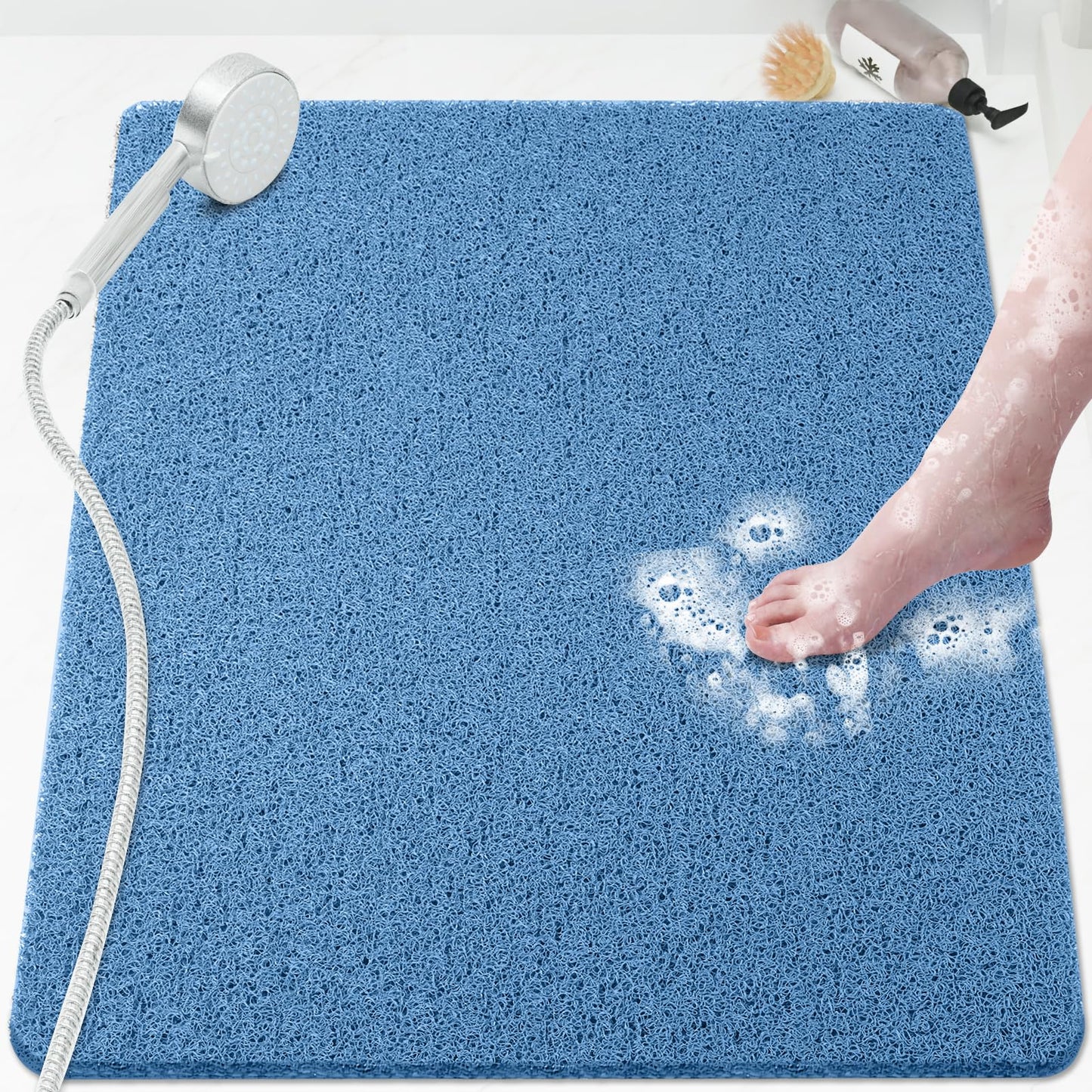 SoftDuo Shower Mat Bathtub Mat Non-Slip Soft Tub Mat | 24x16 inch,PVC Loofah Bath Mat with Drain for Tub and Bathroom,Quick Drying,Grey