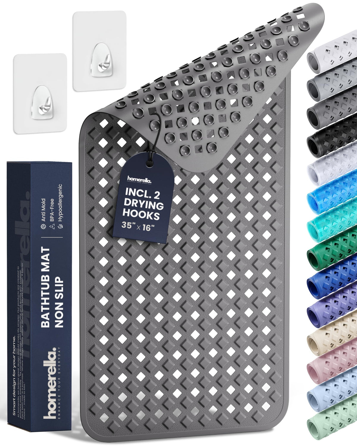 homerella Bathtub Mat Non Slip 35x16 Shower Mat Non Slip Anti Mold BPA Free | Mildew Resistant, Machine Washable, Extra Long Tub Mat, Shower Mats for Inside Shower, Bath Mat for Tub Non Slip EU Certified