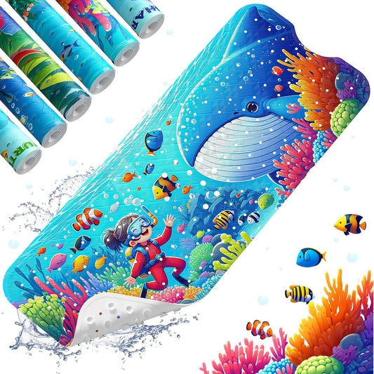 XIYUNTE Baby Bath Mat for Tub Non Slip Kids Bath Mat - 40''x16'' Extra Long Cartoon Bathtub Mat Non Slip Kids Shower Mat Eco-Friendly Toddler Bath Mats with Suction Cups, Machine Washable