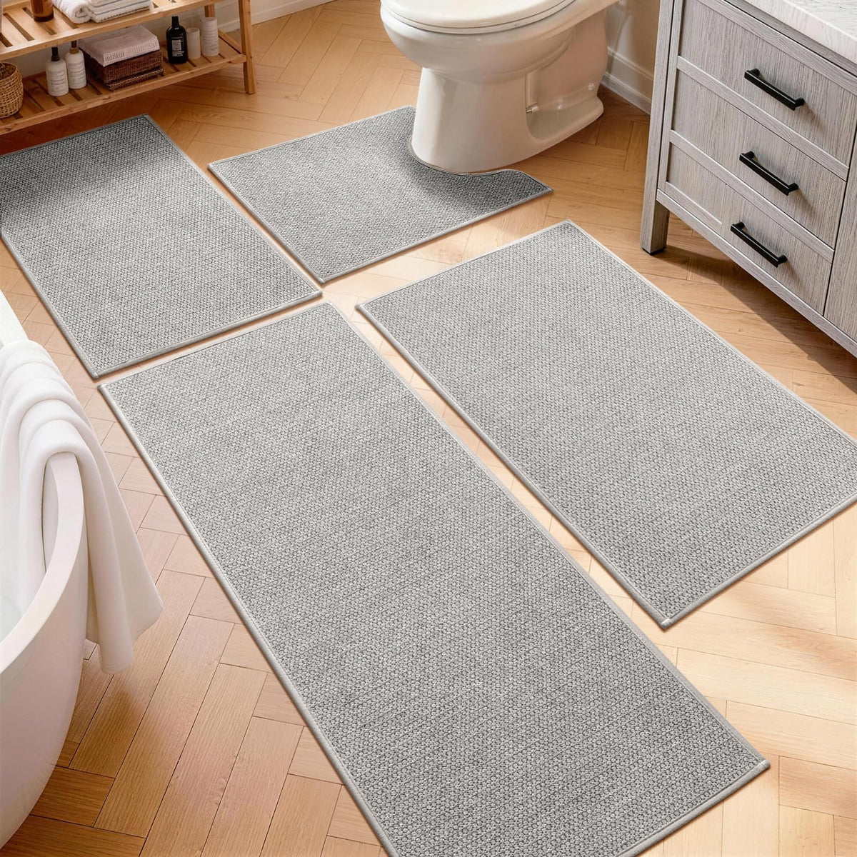 YIHOUSE Gray Bathroom Rugs Sets 3 Piece, Quick Dry Thin Bath Mat with Toilet Rug, Non Slip Absorbent Machine Washable, Bath Runner Rugs for Bathtub Sink Home Decor