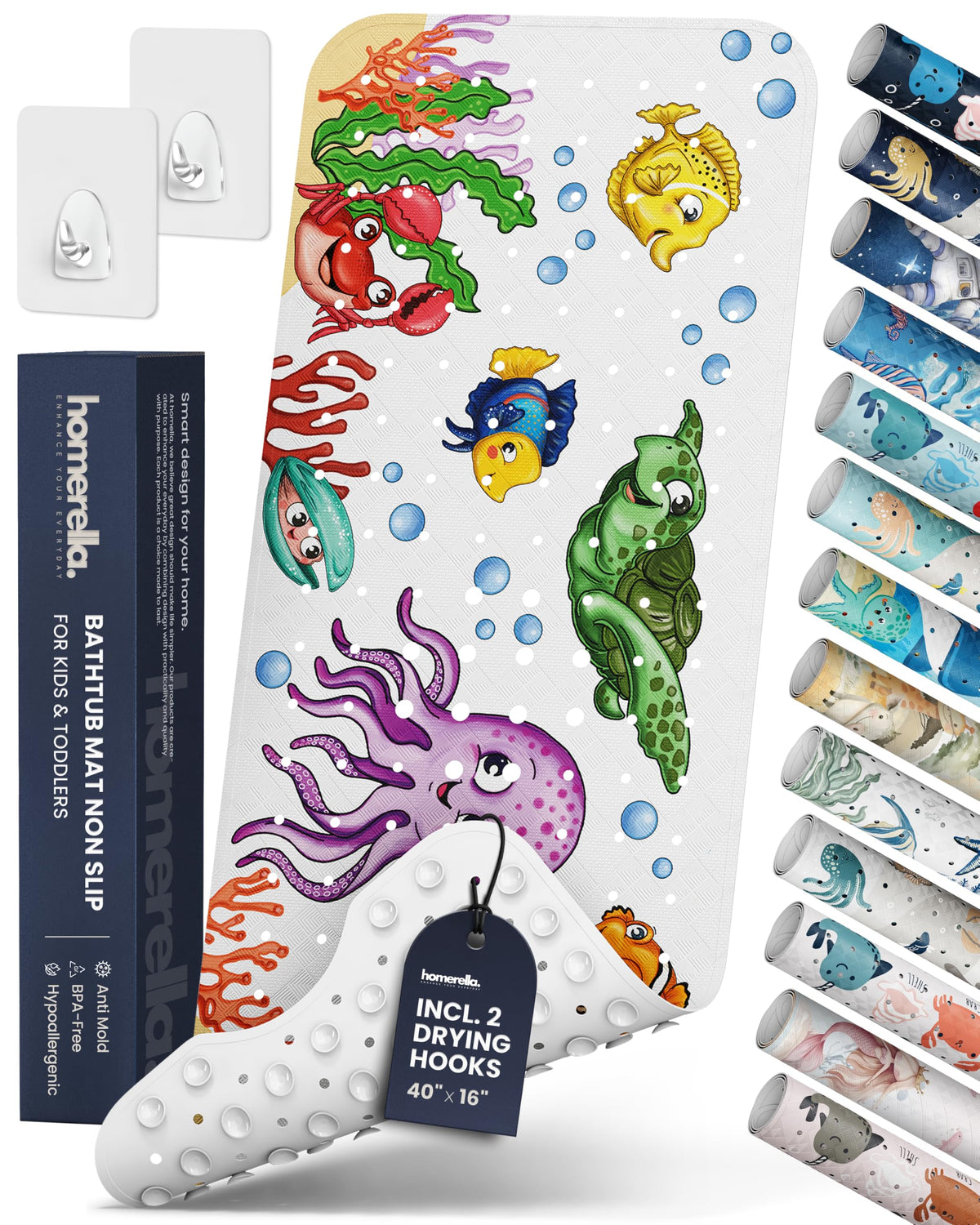 homerella Bathtub Mat Non Slip Kids 40x16 Baby Bath Mat Non Slip Anti Mold | 100% BPA Free, Non Toxic, Mildew Resistant, Machine Washable, Extra Long Kids Bath Mat for Tub Non Slip, Toddler Bath Mat